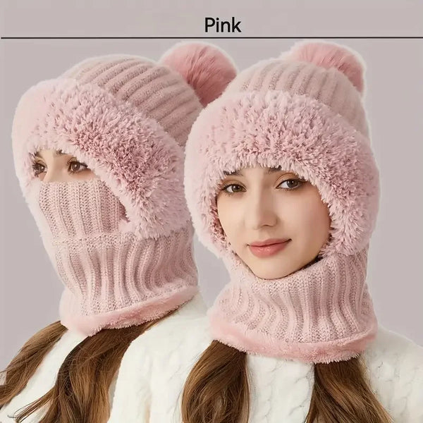 Winter Fleece Lined Knitted Hat with Ear Flaps, Windproof and Warm Hooded Neck Gaiter for Outdoor Cycling