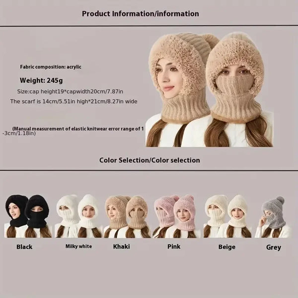 Winter Fleece Lined Knitted Hat with Ear Flaps, Windproof and Warm Hooded Neck Gaiter for Outdoor Cycling