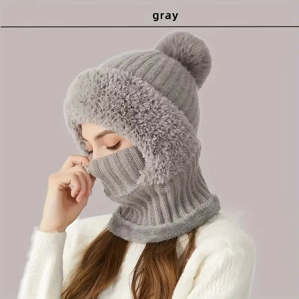 Winter Fleece Lined Knitted Hat with Ear Flaps, Windproof and Warm Hooded Neck Gaiter for Outdoor Cycling